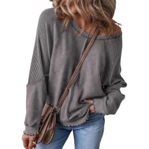 imageSHEWIN Womens Fashion Waffle Knit Sweatshirt Casual Crewneck Long Sleeve Reverse Seam Oversized Pullover SweatshirtsDark Grey