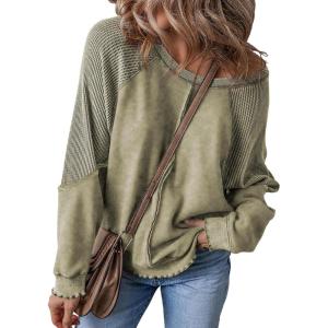 imageSHEWIN Womens Fashion Waffle Knit Sweatshirt Casual Crewneck Long Sleeve Reverse Seam Oversized Pullover SweatshirtsGreen