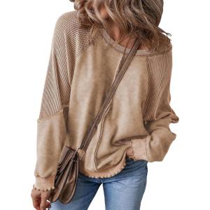 imageSHEWIN Womens Fashion Waffle Knit Sweatshirt Casual Crewneck Long Sleeve Reverse Seam Oversized Pullover SweatshirtsKhaki