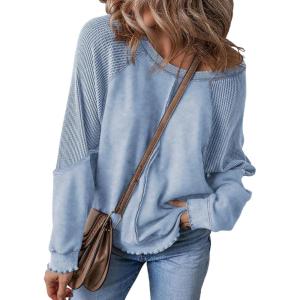 imageSHEWIN Womens Fashion Waffle Knit Sweatshirt Casual Crewneck Long Sleeve Reverse Seam Oversized Pullover SweatshirtsLight Blue