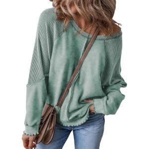 imageSHEWIN Womens Fashion Waffle Knit Sweatshirt Casual Crewneck Long Sleeve Reverse Seam Oversized Pullover SweatshirtsLight Green