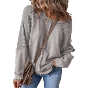 imageSHEWIN Womens Fashion Waffle Knit Sweatshirt Casual Crewneck Long Sleeve Reverse Seam Oversized Pullover SweatshirtsLight Grey