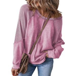 imageSHEWIN Womens Fashion Waffle Knit Sweatshirt Casual Crewneck Long Sleeve Reverse Seam Oversized Pullover SweatshirtsPink