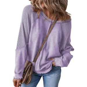 imageSHEWIN Womens Fashion Waffle Knit Sweatshirt Casual Crewneck Long Sleeve Reverse Seam Oversized Pullover SweatshirtsPurple