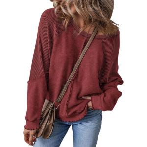 imageSHEWIN Womens Fashion Waffle Knit Sweatshirt Casual Crewneck Long Sleeve Reverse Seam Oversized Pullover SweatshirtsRed