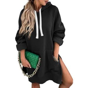 imageSHEWIN Womens Oversized Casual Pullover Long Sleeve Split Hem Drawstring Hoodies Dress With Kangaroo PocketA Black