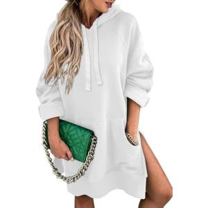 imageSHEWIN Womens Oversized Casual Pullover Long Sleeve Split Hem Drawstring Hoodies Dress With Kangaroo PocketA White