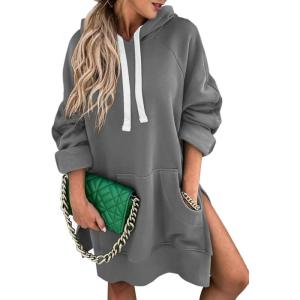 imageSHEWIN Womens Oversized Casual Pullover Long Sleeve Split Hem Drawstring Hoodies Dress With Kangaroo PocketB Deep Gray