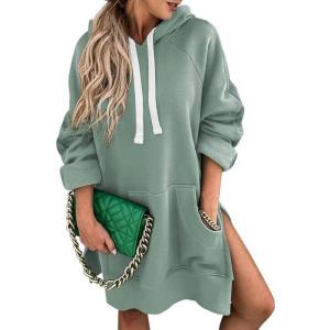 imageSHEWIN Womens Oversized Casual Pullover Long Sleeve Split Hem Drawstring Hoodies Dress With Kangaroo PocketB Green
