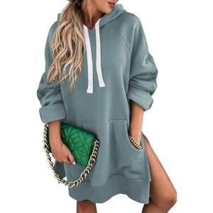 imageSHEWIN Womens Oversized Casual Pullover Long Sleeve Split Hem Drawstring Hoodies Dress With Kangaroo PocketC Sky Blue
