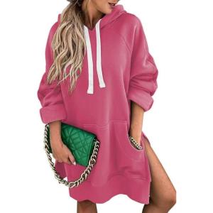 imageSHEWIN Womens Oversized Casual Pullover Long Sleeve Split Hem Drawstring Hoodies Dress With Kangaroo PocketD Rose
