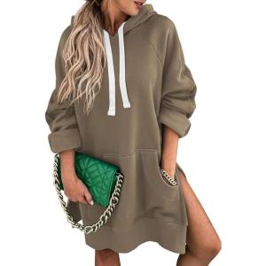 imageSHEWIN Womens Oversized Casual Pullover Long Sleeve Split Hem Drawstring Hoodies Dress With Kangaroo PocketE Brown