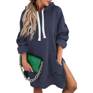 imageSHEWIN Womens Oversized Casual Pullover Long Sleeve Split Hem Drawstring Hoodies Dress With Kangaroo PocketE Navy Blue