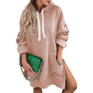 imageSHEWIN Womens Oversized Casual Pullover Long Sleeve Split Hem Drawstring Hoodies Dress With Kangaroo PocketE Pink