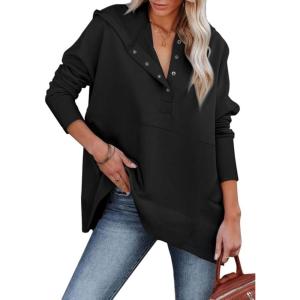 imageSHEWIN Womens Oversized Sweatshirt Hoodies Casual Button V Neck Hooded Pullover Tops with PocketBblack