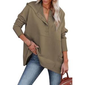 imageSHEWIN Womens Oversized Sweatshirt Hoodies Casual Button V Neck Hooded Pullover Tops with PocketBbrown