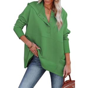 imageSHEWIN Womens Oversized Sweatshirt Hoodies Casual Button V Neck Hooded Pullover Tops with PocketBgreen