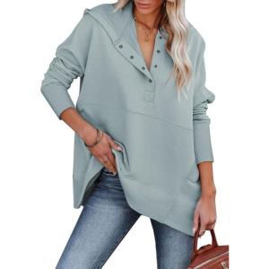 imageSHEWIN Womens Oversized Sweatshirt Hoodies Casual Button V Neck Hooded Pullover Tops with PocketBgrey