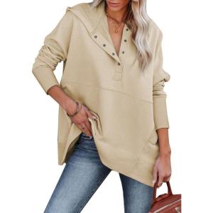 imageSHEWIN Womens Oversized Sweatshirt Hoodies Casual Button V Neck Hooded Pullover Tops with PocketBkhaki