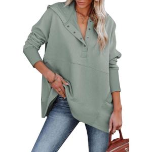 imageSHEWIN Womens Oversized Sweatshirt Hoodies Casual Button V Neck Hooded Pullover Tops with PocketBlight Green