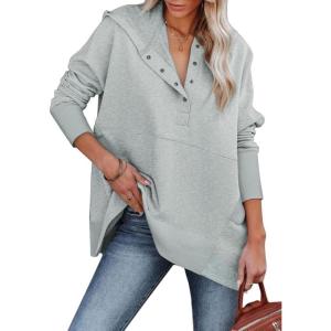 imageSHEWIN Womens Oversized Sweatshirt Hoodies Casual Button V Neck Hooded Pullover Tops with PocketBlight Grey
