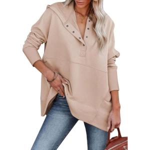 imageSHEWIN Womens Oversized Sweatshirt Hoodies Casual Button V Neck Hooded Pullover Tops with PocketBlight Pink