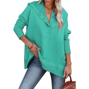 imageSHEWIN Womens Oversized Sweatshirt Hoodies Casual Button V Neck Hooded Pullover Tops with PocketBmint Green