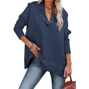 imageSHEWIN Womens Oversized Sweatshirt Hoodies Casual Button V Neck Hooded Pullover Tops with PocketBnavy Blue