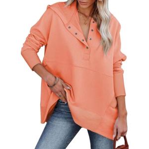 imageSHEWIN Womens Oversized Sweatshirt Hoodies Casual Button V Neck Hooded Pullover Tops with PocketBorange