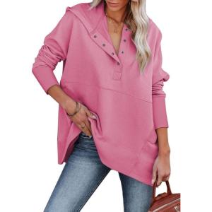 imageSHEWIN Womens Oversized Sweatshirt Hoodies Casual Button V Neck Hooded Pullover Tops with PocketBpink