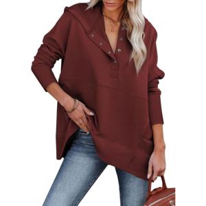 imageSHEWIN Womens Oversized Sweatshirt Hoodies Casual Button V Neck Hooded Pullover Tops with PocketBred