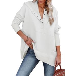 imageSHEWIN Womens Oversized Sweatshirt Hoodies Casual Button V Neck Hooded Pullover Tops with PocketBwhite