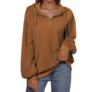 imageSHEWIN Womens Quarter Zip Hoodies Oversized Sweatshirt Long Sleeve Lightweight Pullover TopsBrown