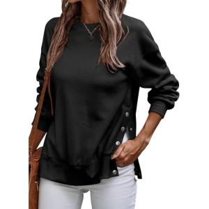 imageSHEWIN Womens Sweatshirt Casual Long Sleeve Lightweight Pullover Tops Loose Crewneck Sweatshirts with Side SlitB Black