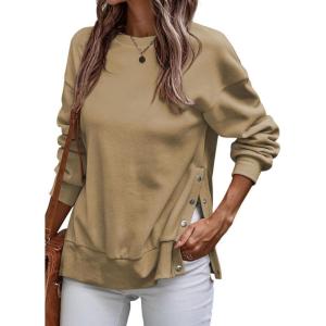 imageSHEWIN Womens Sweatshirt Casual Long Sleeve Lightweight Pullover Tops Loose Crewneck Sweatshirts with Side SlitB Brown