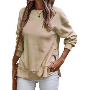imageSHEWIN Womens Sweatshirt Casual Long Sleeve Lightweight Pullover Tops Loose Crewneck Sweatshirts with Side SlitB Khaki