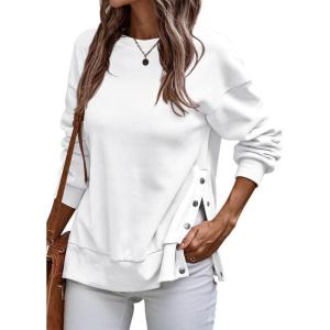 imageSHEWIN Womens Sweatshirt Casual Long Sleeve Lightweight Pullover Tops Loose Crewneck Sweatshirts with Side SlitB White