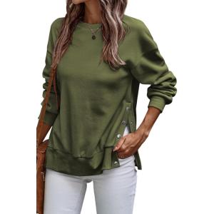 imageSHEWIN Womens Sweatshirt Casual Long Sleeve Lightweight Pullover Tops Loose Crewneck Sweatshirts with Side SlitD Army Green