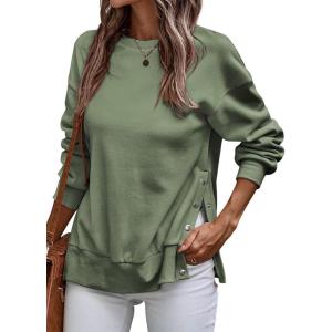 imageSHEWIN Womens Sweatshirt Casual Long Sleeve Lightweight Pullover Tops Loose Crewneck Sweatshirts with Side SlitD Green