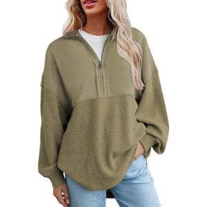 imageSHEWIN Womens Sweatshirt Casual Waffle Knit Half Zip Pullover Loose Long Sleeve Tops Fall Outfit Clothes 2024Army Green
