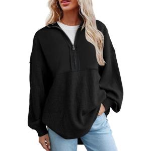 imageSHEWIN Womens Sweatshirt Casual Waffle Knit Half Zip Pullover Loose Long Sleeve Tops Fall Outfit Clothes 2024Black