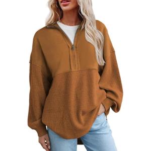 imageSHEWIN Womens Sweatshirt Casual Waffle Knit Half Zip Pullover Loose Long Sleeve Tops Fall Outfit Clothes 2024Brown