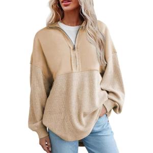 imageSHEWIN Womens Sweatshirt Casual Waffle Knit Half Zip Pullover Loose Long Sleeve Tops Fall Outfit Clothes 2024Khaki