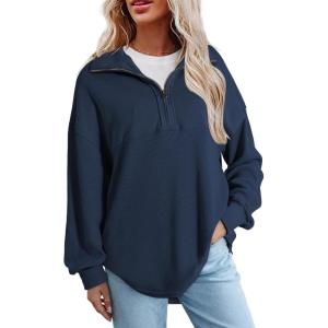 imageSHEWIN Womens Sweatshirt Casual Waffle Knit Half Zip Pullover Loose Long Sleeve Tops Fall Outfit Clothes 2024Navy Blue