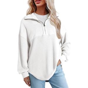 imageSHEWIN Womens Sweatshirt Casual Waffle Knit Half Zip Pullover Loose Long Sleeve Tops Fall Outfit Clothes 2024White