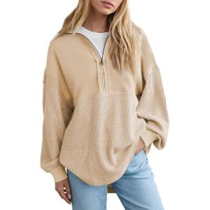imageSHEWIN Womens Sweatshirts Casual Waffle Knit Half Zip Pullover Long Sleeve Tops Quarter Zip Fall Outfits Oversized Sweatshirt for WomenUS 20222XLKhaki XXLarge