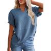 imageSHEWIN Womens Casual V Neck Waffle Knit Tops Short Sleeve T Shirts Loose BlousesB Blue