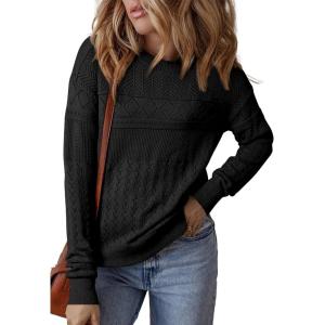 imageSHEWIN Sweaters for Women Casual Crew Neck Long Sleeve Crochet Pullover Tops SweaterBlack
