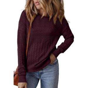 imageSHEWIN Sweaters for Women Casual Crew Neck Long Sleeve Crochet Pullover Tops SweaterBurgundy