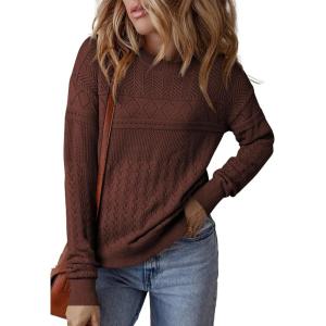imageSHEWIN Sweaters for Women Casual Crew Neck Long Sleeve Crochet Pullover Tops SweaterCoffee